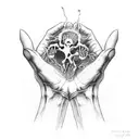 skeleton hand and a human hand doing the creation of Adam pose. the skeleton hand holding a snap dragon flower tattoo design idea