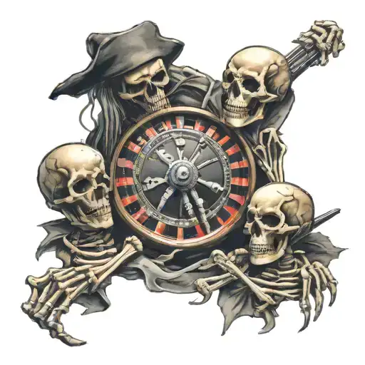 angry skeletons with knives crawling over a broken roulette wheel  tattoo design idea