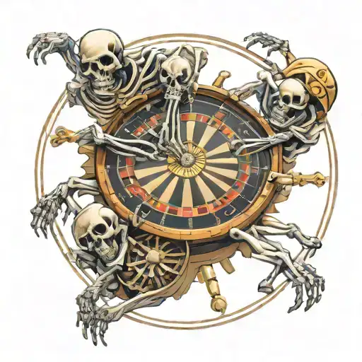 angry skeletons crawling over a broken roulette wheel  tattoo design idea