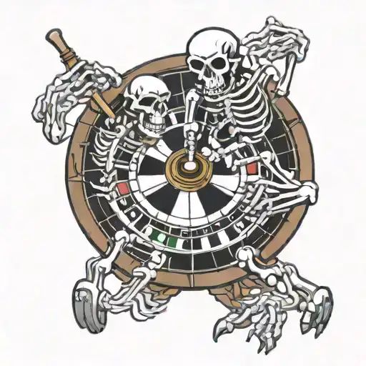 angry skeletons crawling over a broken roulette wheel  tattoo design idea