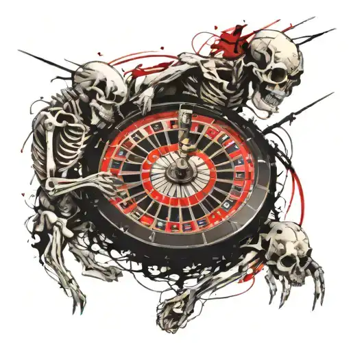 angry skeletons crawling over a broken roulette wheel  tattoo design idea