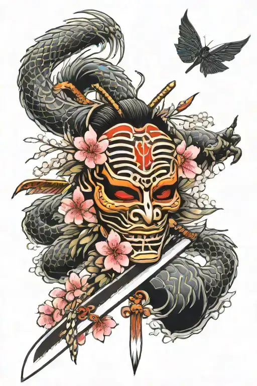 original japanese tattoo featuring a mask holding a samurai sword and surrounded by cherry blossom, surrounded by dragon tattoo design idea