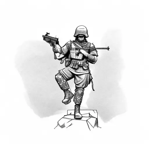 A sketch-style tattoo of a soldier holding a video game controller as a symbol of balancing work and play tattoo design idea