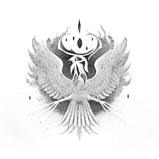 A phoenix rebirth scene inside the tombs of Egypt, in black-grey style tattoo design idea