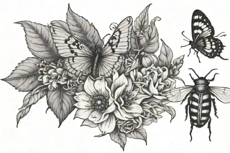 flowers and moth surrounded and small beetle on leaf tattoo design idea