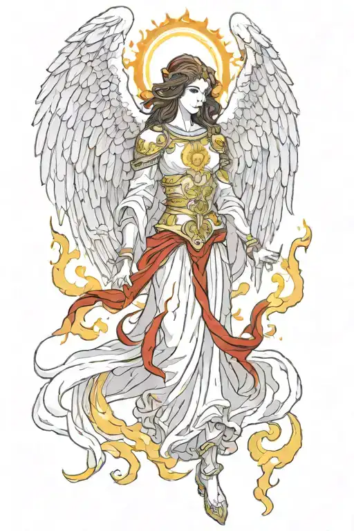 seraphim angel with red and yellow flames surrounding tattoo design idea