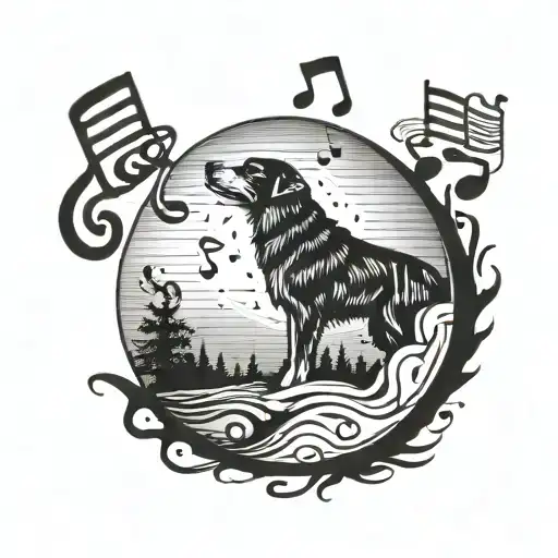 A silhouette of a dog howling at a full moon with musical notes floating around it tattoo design idea