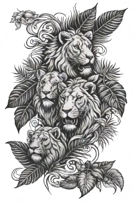 three lions face exiting jungle leaves tattoo design idea