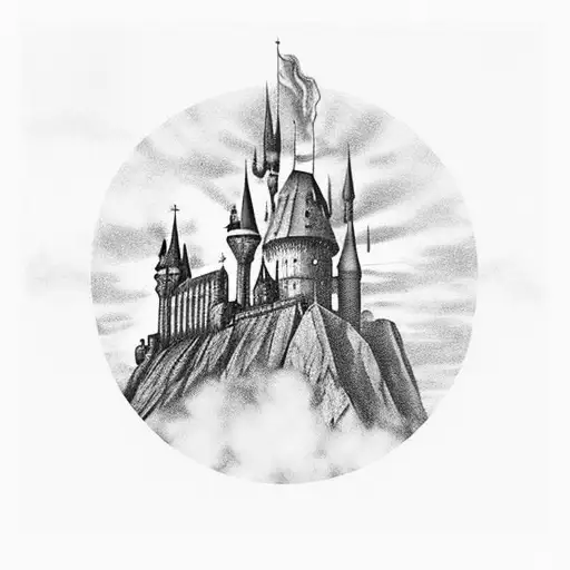 A Hogwarts castle silhouette with a football flying over it against a backdrop of a colorful sunset tattoo design idea