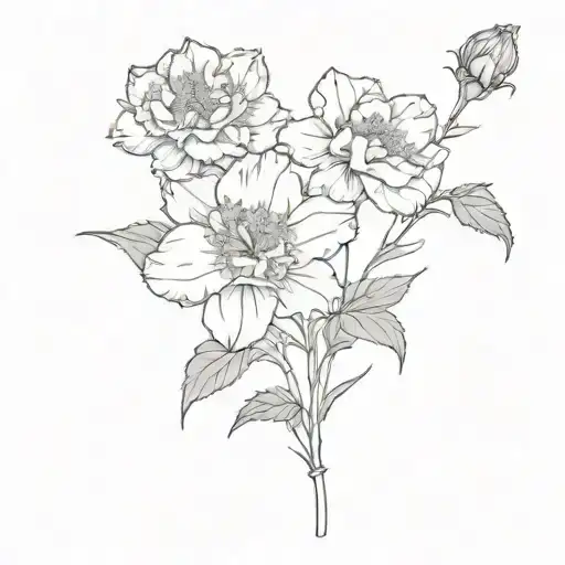 boutique of one carnation flower, one marigold flower, one narcissus flower, and two larkspur flowers.  tattoo design idea