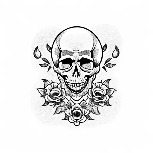A laughing skull with gothic and emo elements, surrounded by candy skulls and flowers tattoo design idea