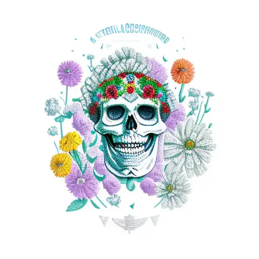 A Skeleton cowboy laughing surrounded by flowers in a traditional Mexican fashion  tattoo design idea