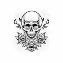 A laughing skull with gothic and emo elements, surrounded by candy skulls and flowers tattoo design idea