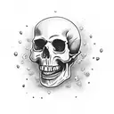 A laughing skull with gothic and emo elements, surrounded by candy skulls and flowers tattoo design idea