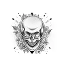 A laughing skull with gothic and emo elements, surrounded by candy skulls and flowers tattoo design idea