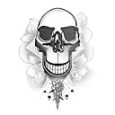 A laughing skull with gothic and emo elements, surrounded by candy skulls and flowers tattoo design idea