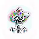 A Skeleton cowboy laughing surrounded by flowers in a traditional Mexican fashion  tattoo design idea