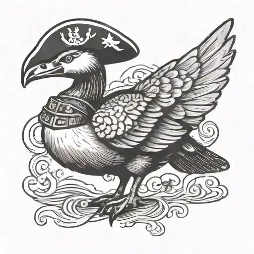 a normal goose wearing a pirate hat dressed like captain morgan  tattoo design idea