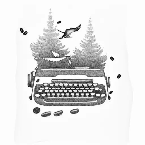A typewriter surrounded by coffee beans and birds flying above it tattoo design idea