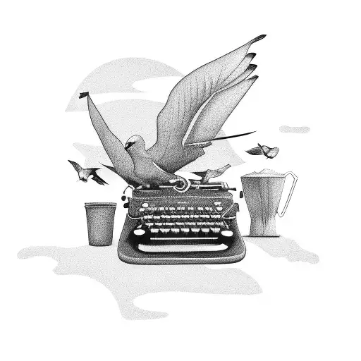 A typewriter surrounded by coffee beans and birds flying above it tattoo design idea
