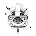 A typewriter surrounded by coffee beans and birds flying above it tattoo design idea