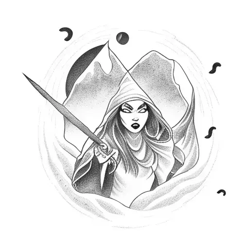 A witch casting a spell in the mountains during a thunderstorm tattoo design idea