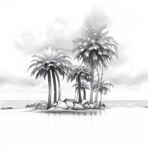 A gothic California beach scene with rain clouds tattoo design idea
