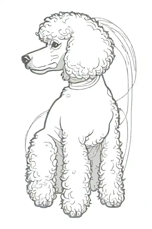 big poodle, sitting, no haircut, bent spine, showing tail tattoo design idea