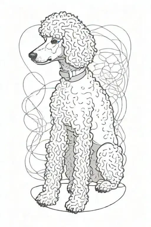 tall poodle, sitting, no haircut, bent spine, showing tail tattoo design idea