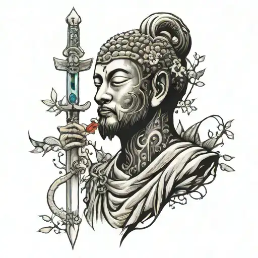 sleeve, ankh symbol, buddha, bushido, japanese sword, nature tattoo design idea