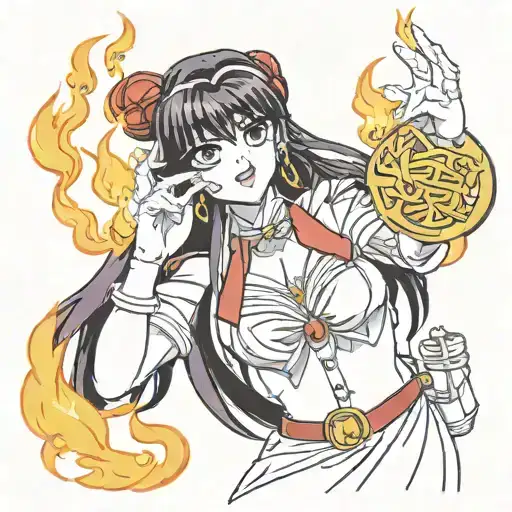 sailor mars hino rei holding a flaming seal scroll with 悪霊退散 written on it between index and middle finger. add colour. tattoo design idea
