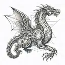 Mechanical dragon flying tattoo design idea