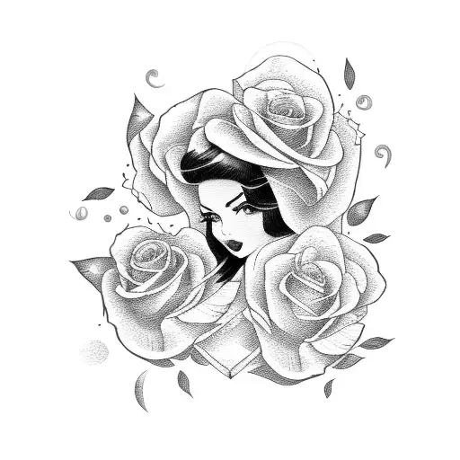 A seductive pinup girl playing a guitar on a bed of roses tattoo design idea