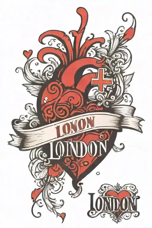 red heart with "london" written inside tattoo design idea