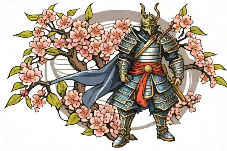 Noble samurai in armor and mask with a full-size cherry tree on the back HD quality tattoo design idea
