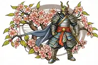Noble samurai in armor and mask with a full-size cherry tree on the back HD quality tattoo design idea