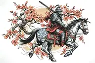 Noble samurai in armor and mask with a full-size cherry tree on the back HD quality tattoo design idea