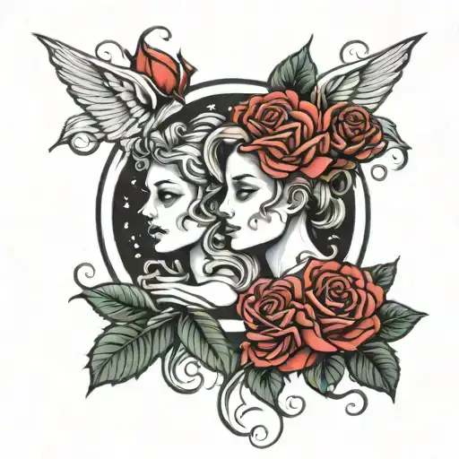 Gemini zodiac sign with red roses on the top and bottem with thorns tattoo design idea