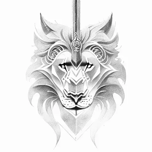 sword with falf lion and half wolf comming out  tattoo design idea