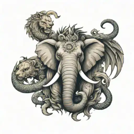 Animal with lion head , elephant trunk and tusks, lion body and claws, dragon tail tattoo design idea