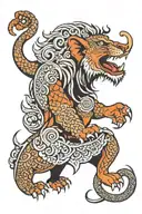 Animal with lion head , elephant trunk and tusks, lion body and claws, dragon tail tattoo design idea