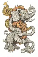 Animal with lion head , elephant trunk and tusks, lion body and claws, dragon tail tattoo design idea