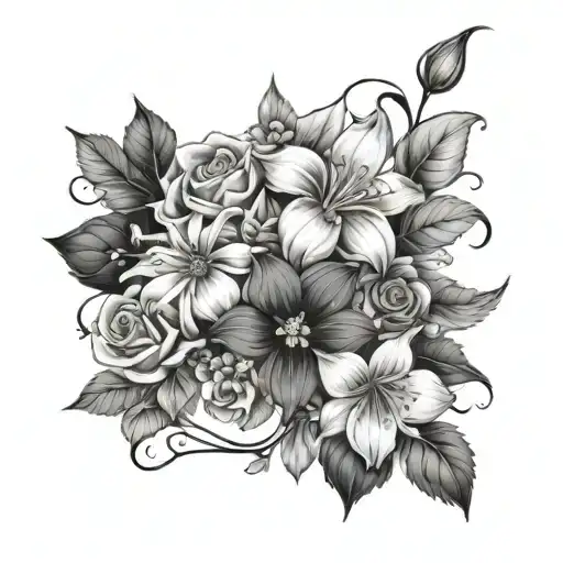 Daffodi, morning glory, snowdrop, rose, lily of the valley, daisy, cosmos and holly berry intertwined tattoo design idea