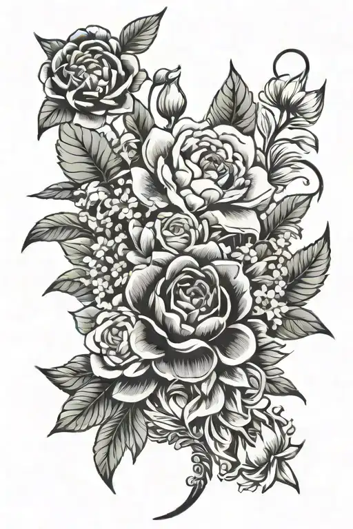 A Heritage Flower bouquet (a zodiac Cancer, young, ethnic female American of African, Indigenous and European descent)  tattoo design idea