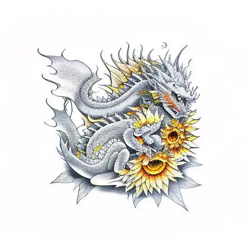 A dragon sleeping in a sunflower like a bee tattoo design idea