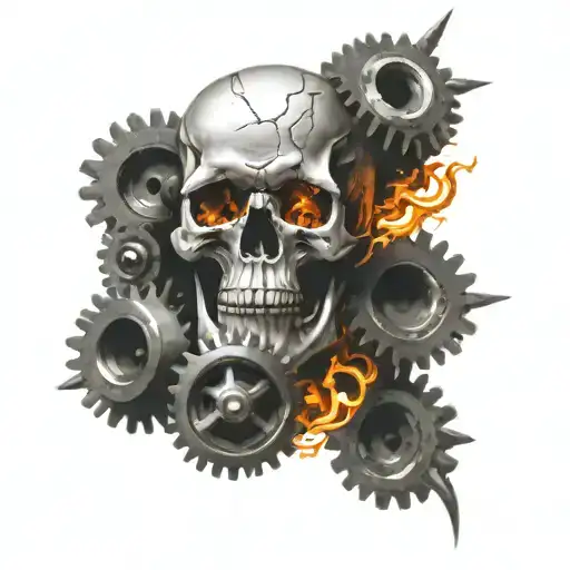skulls and piston and gears and flames tattoo design idea