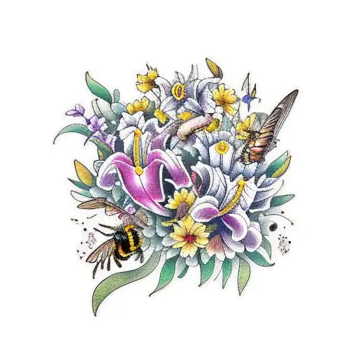 lilies, irises, sunflowers, butterflies, bees, hummingbirds  tattoo design idea
