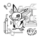 Pokemon characters interacting with different car parts in a mechanic's workshop tattoo design idea