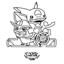 Pokemon characters interacting with different car parts in a mechanic's workshop tattoo design idea