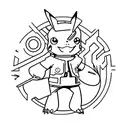 Pokemon characters interacting with different car parts in a mechanic's workshop tattoo design idea